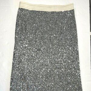 Zara Silver Sequin Midi Pencil Skirt  Womens S Stretch Waist Party Holiday Glam